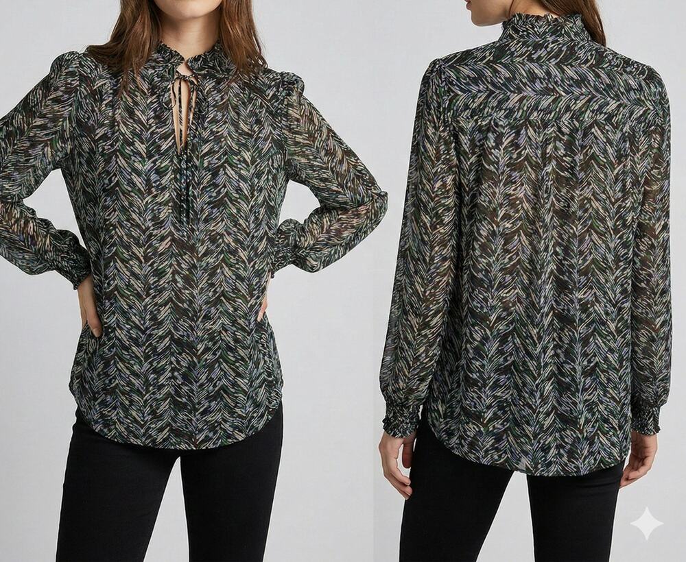 Ophelia Roe Womens Medium Blouse Green Brown Blue Polyester